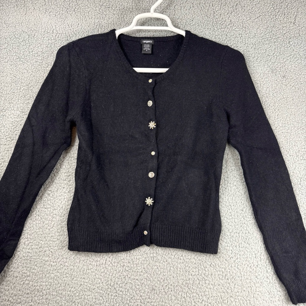 Vintage Tangents Women's S Black Angora Blend Cardigan Jeweled Buttons Classic